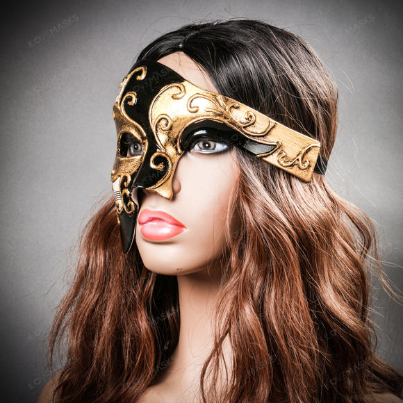 Phantom Of Opera Musical Masquerade Venetian Men Full Mask - Black Gold - Picture 8 of 10